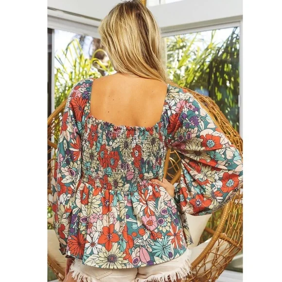 "The Georgia" Mod Floral Puff Sleeve Smocked Peplum Top Small - Picture 5 of 7